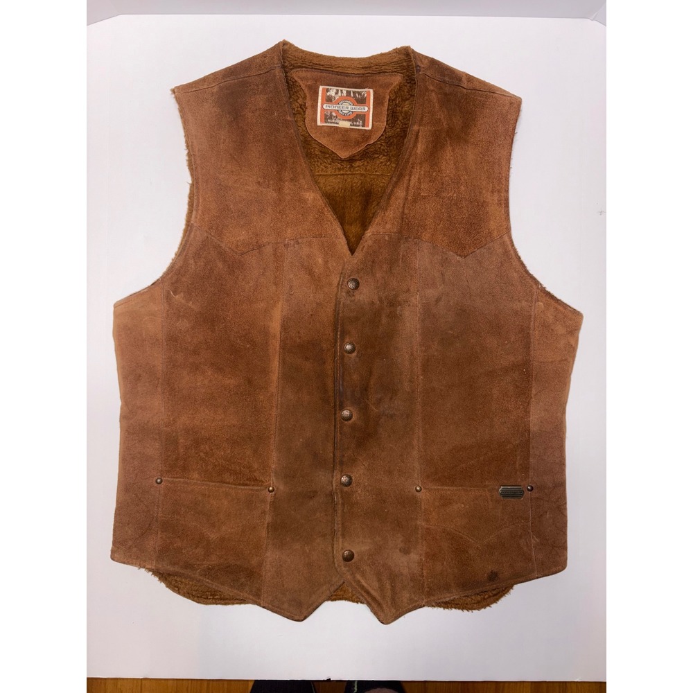 Vintage Pioneer Wear Mens Brown Leather/Sherpa Lined Vest Western Cowboy Size 42 - Picture 2 of 15